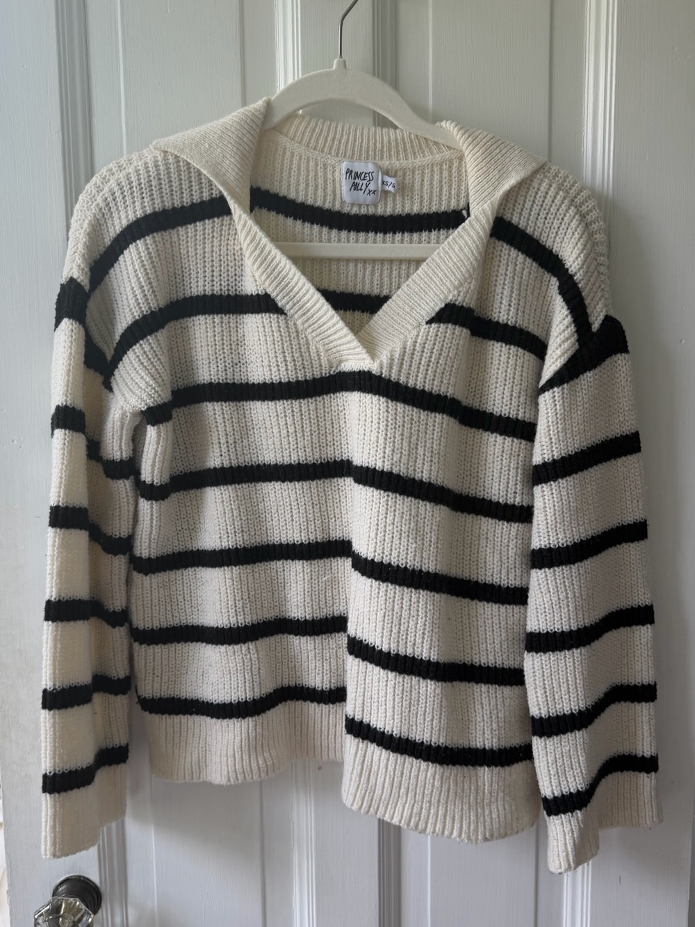 Princess Polly Cream and Black Striped V-Neck Collared Sweater